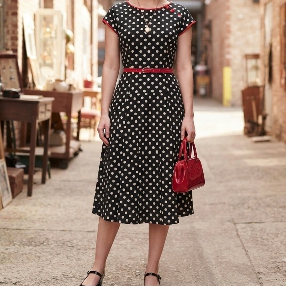 vtg women Polka Dot Maxi Dress 10 Red retro rockabilly pinup 50s swing bombshell